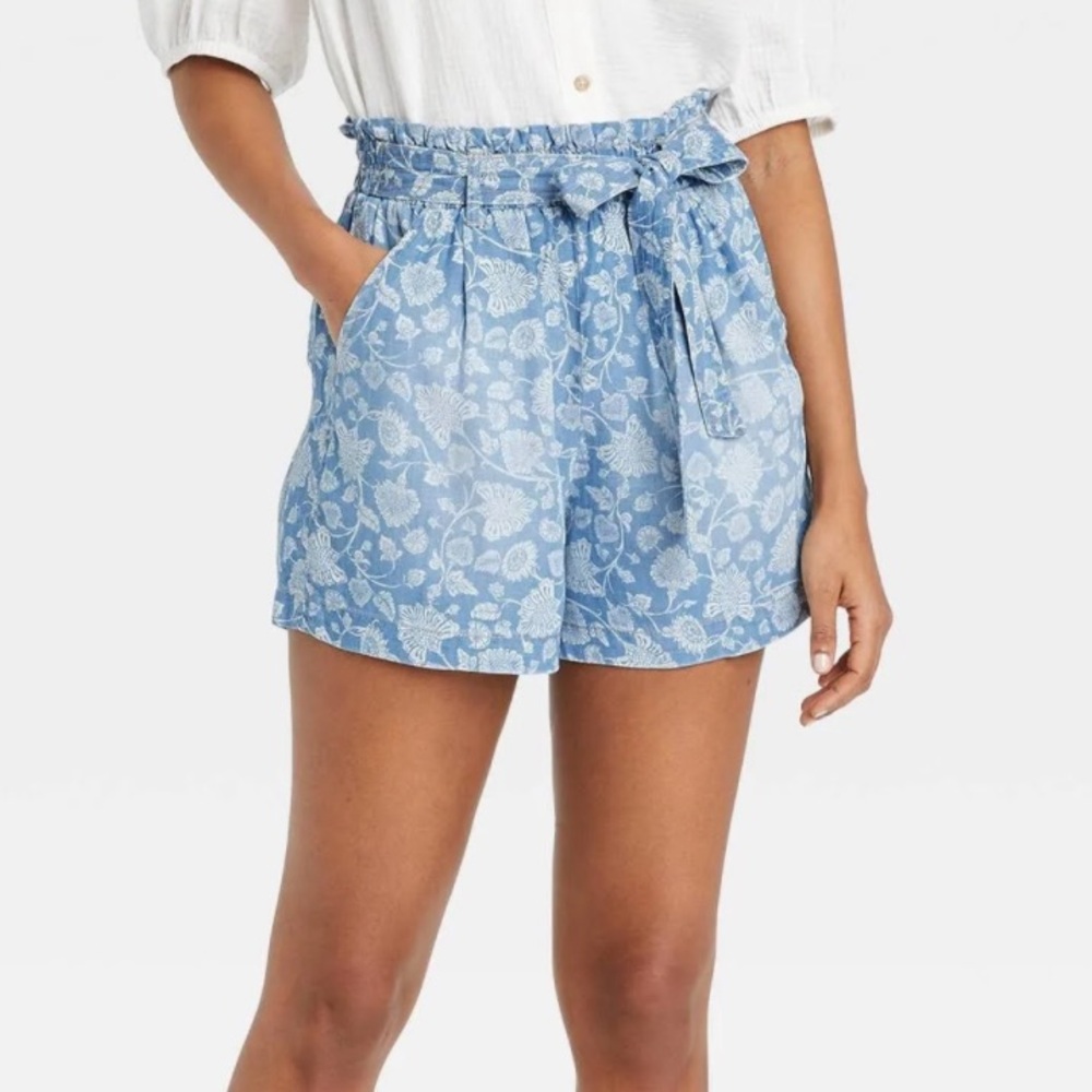 Light Blue Floral Paperbag Waist Shorts